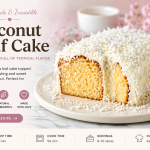 A moist coconut loaf cake covered in creamy white frosting and shredded coconut, sliced to reveal a soft golden interior on a white serving plate.