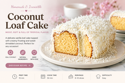 A moist coconut loaf cake covered in creamy white frosting and shredded coconut, sliced to reveal a soft golden interior on a white serving plate.