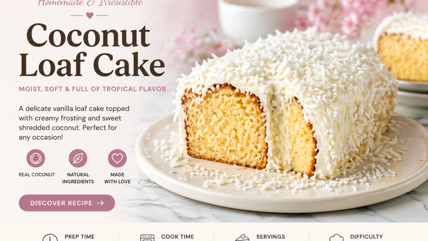 A moist coconut loaf cake covered in creamy white frosting and shredded coconut, sliced to reveal a soft golden interior on a white serving plate.
