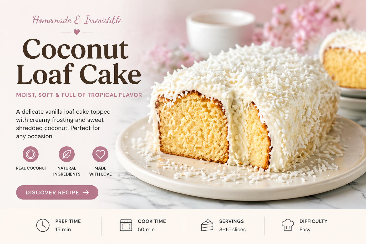A moist coconut loaf cake covered in creamy white frosting and shredded coconut, sliced to reveal a soft golden interior on a white serving plate.