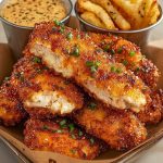 Crispy garlic parmesan chicken tenders stacked on a plate, garnished with herbs and grated cheese, served on a wooden table.