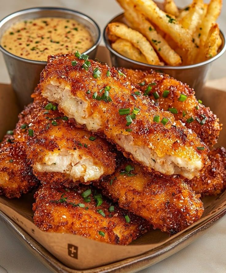 Crispy garlic parmesan chicken tenders stacked on a plate, garnished with herbs and grated cheese, served on a wooden table.
