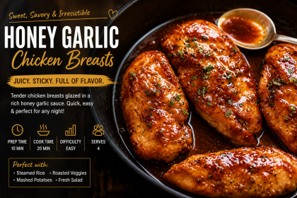 Make this easy honey garlic chicken recipe in just 30 minutes. Juicy chicken breasts coated in a sweet and savory sauce perfect for dinner.