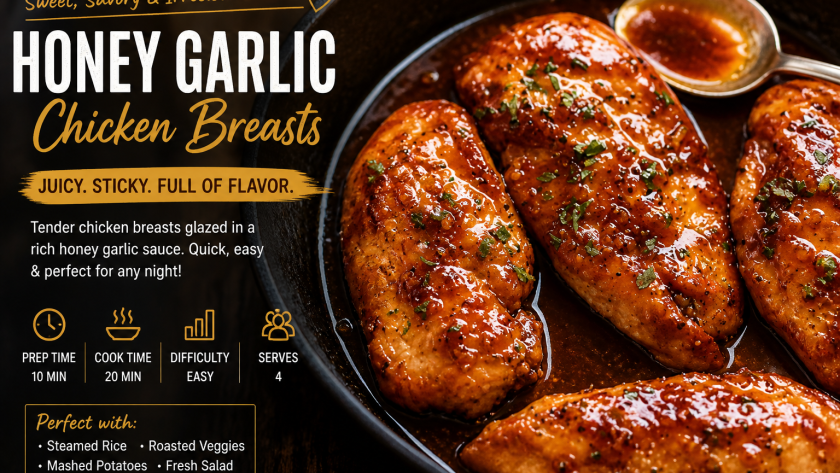 Make this easy honey garlic chicken recipe in just 30 minutes. Juicy chicken breasts coated in a sweet and savory sauce perfect for dinner.