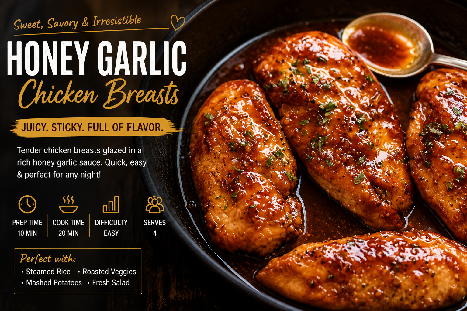Make this easy honey garlic chicken recipe in just 30 minutes. Juicy chicken breasts coated in a sweet and savory sauce perfect for dinner.