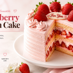 Strawberry cream cake with layers of sponge, whipped cream, and fresh strawberries, with a slice cut to show the filling