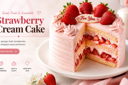 Strawberry cream cake with layers of sponge, whipped cream, and fresh strawberries, with a slice cut to show the filling