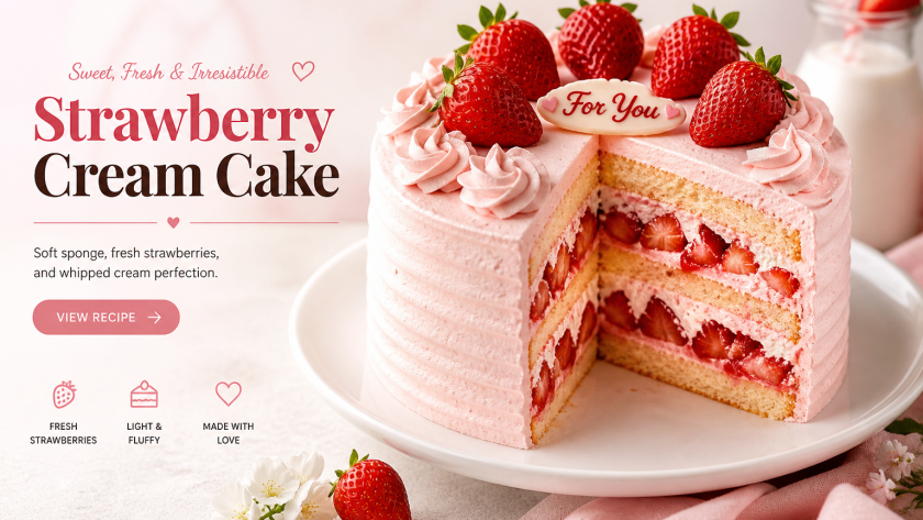 Strawberry cream cake with layers of sponge, whipped cream, and fresh strawberries, with a slice cut to show the filling