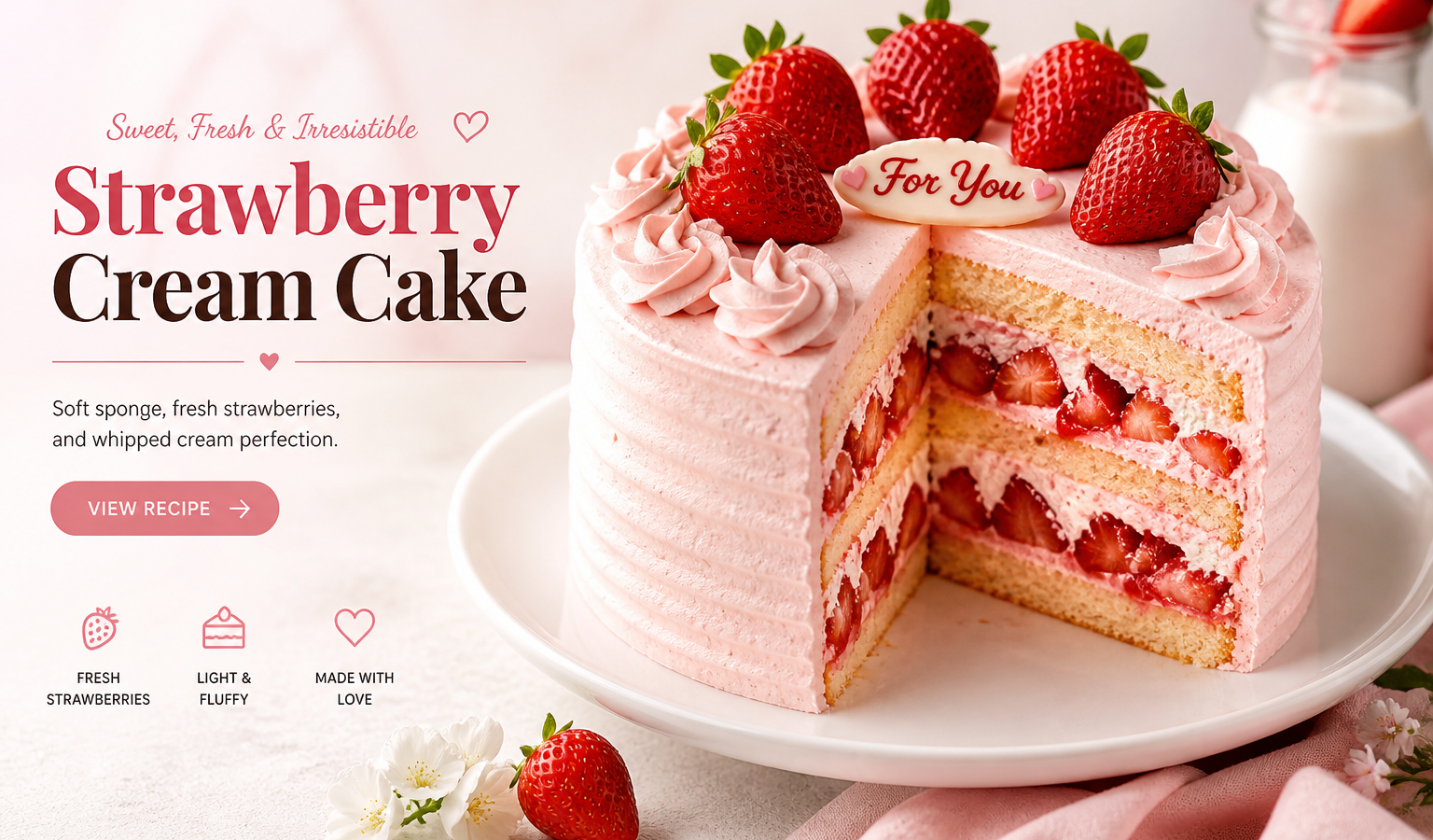 Strawberry cream cake with layers of sponge, whipped cream, and fresh strawberries, with a slice cut to show the filling