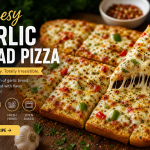 Cheesy garlic bread pizza with melted mozzarella and herbs, crispy toasted bread base