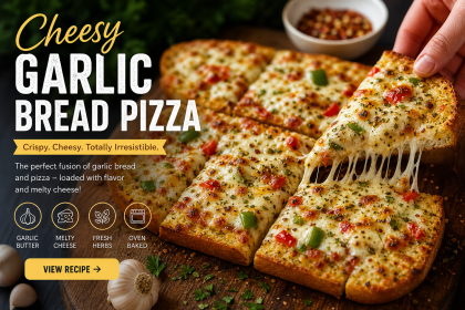 Cheesy garlic bread pizza with melted mozzarella and herbs, crispy toasted bread base
