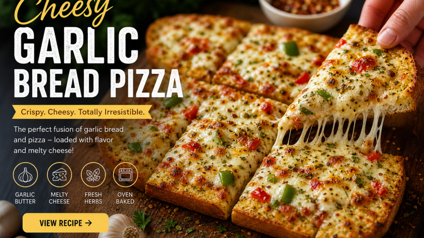 Cheesy garlic bread pizza with melted mozzarella and herbs, crispy toasted bread base