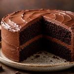 A decadent chocolate cake with a smooth, glossy chocolate frosting, sprinkled with chocolate shavings, and a slice cut out to show its moist, dark interior. Presented on a wooden board with scattered shavings and a small bowl of additional chocolate pieces