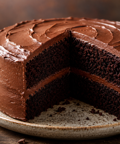A decadent chocolate cake with a smooth, glossy chocolate frosting, sprinkled with chocolate shavings, and a slice cut out to show its moist, dark interior. Presented on a wooden board with scattered shavings and a small bowl of additional chocolate pieces