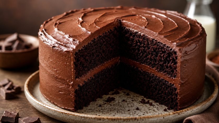A decadent chocolate cake with a smooth, glossy chocolate frosting, sprinkled with chocolate shavings, and a slice cut out to show its moist, dark interior. Presented on a wooden board with scattered shavings and a small bowl of additional chocolate pieces