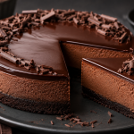 Slice of decadent chocolate cheesecake topped with glossy chocolate ganache and chocolate curls.
