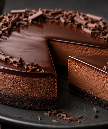 Slice of decadent chocolate cheesecake topped with glossy chocolate ganache and chocolate curls.