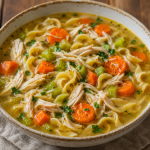 A steaming bowl of hearty chicken noodle soup filled with tender chicken pieces, sliced carrots, peas, corn, and delicate noodles in a golden broth. Served in a white bowl, showcasing its vibrant and fresh ingredients.