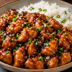 A white bowl filled with tender chicken pieces coated in a glossy honey garlic sauce, garnished with parsley and red chili flakes. A gold fork and a checkered cloth are visible in the background.