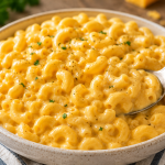 Creamy homemade cottage cheese mac and cheese served in a ceramic bowl with parsley and black pepper garnish.