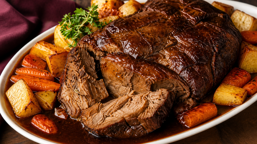 A succulent roast beef slice drenched in glossy rich gravy, served on a white plate with roasted potatoes and a sprinkle of fresh parsley, presented on a wooden surface.