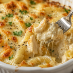 A white dish filled with creamy chicken pasta bake, featuring tender pasta and chicken chunks in a stretchy cheesy sauce, garnished with parsley and black pepper, with a fork lifting a portion.