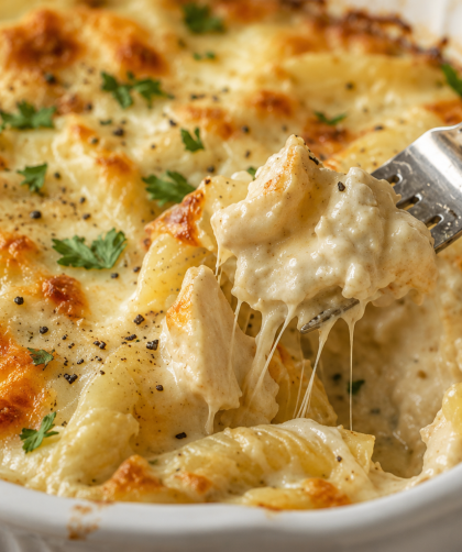 A white dish filled with creamy chicken pasta bake, featuring tender pasta and chicken chunks in a stretchy cheesy sauce, garnished with parsley and black pepper, with a fork lifting a portion.