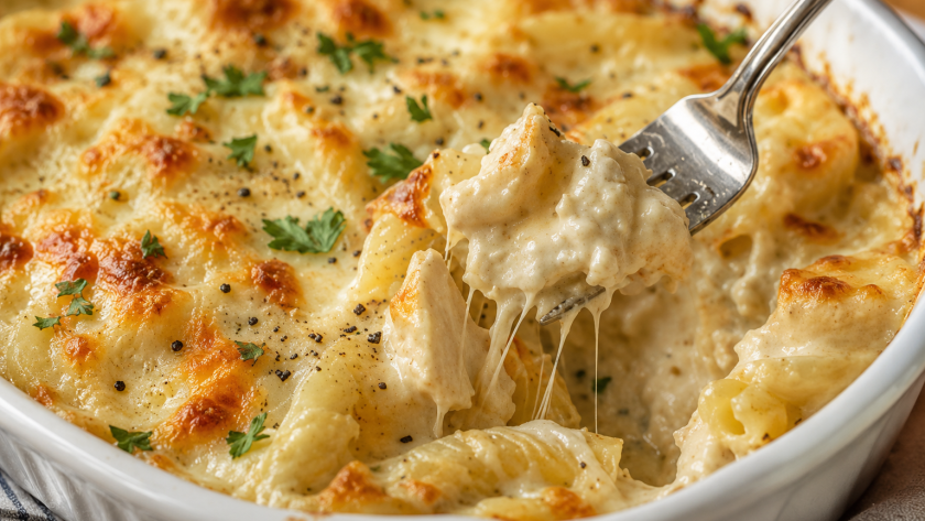 A white dish filled with creamy chicken pasta bake, featuring tender pasta and chicken chunks in a stretchy cheesy sauce, garnished with parsley and black pepper, with a fork lifting a portion.