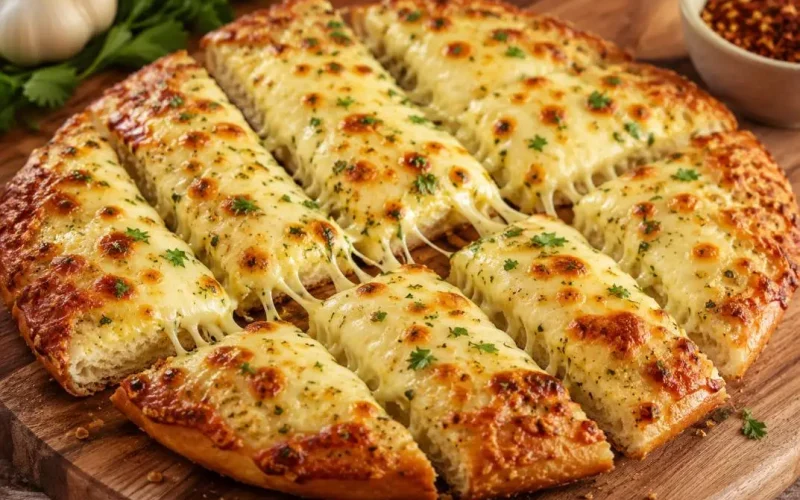 Golden cheesy garlic bread pizza sliced on a wooden board with crispy edges, melted mozzarella cheese, garlic seasoning, parsley, and stretchy cheese pulls.