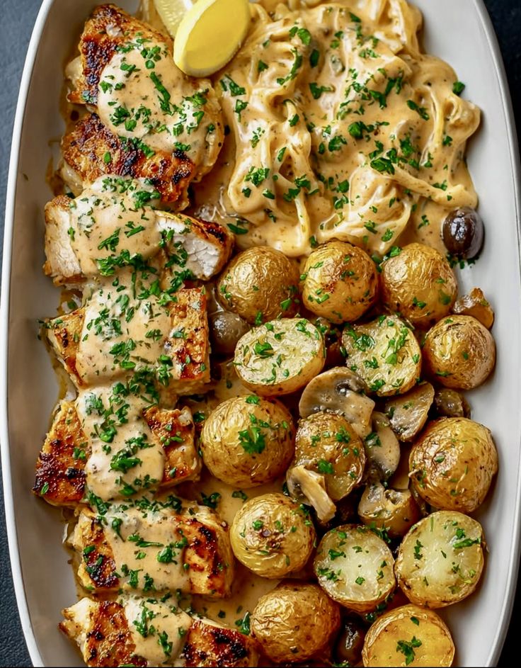 Creamy Lemon Garlic Chicken with Roasted Potatoes and Fettuccine