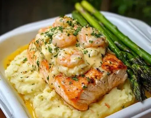 Seafood Stuffed Salmon with Parmesan Mashed Potatoes & Asparagus