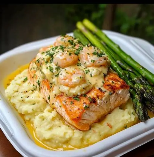 Seafood Stuffed Salmon with Parmesan Mashed Potatoes & Asparagus
