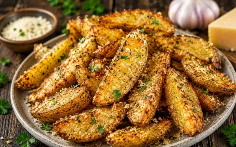 Make crispy garlic parmesan potato wedges in the oven! Easy, cheesy, and full of flavor—perfect as a side dish or snack.
