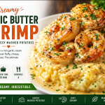 Close-up of juicy garlic butter shrimp in a creamy sauce served on top of cheesy mashed potatoes, garnished with fresh herbs.