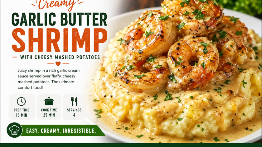 Close-up of juicy garlic butter shrimp in a creamy sauce served on top of cheesy mashed potatoes, garnished with fresh herbs.