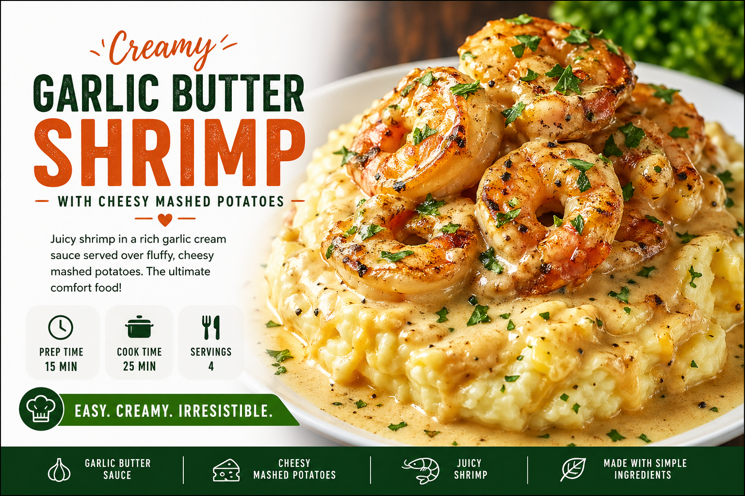 Close-up of juicy garlic butter shrimp in a creamy sauce served on top of cheesy mashed potatoes, garnished with fresh herbs.