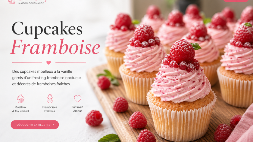 Fluffy vanilla cupcakes topped with pink raspberry buttercream frosting and fresh raspberries on a wooden board