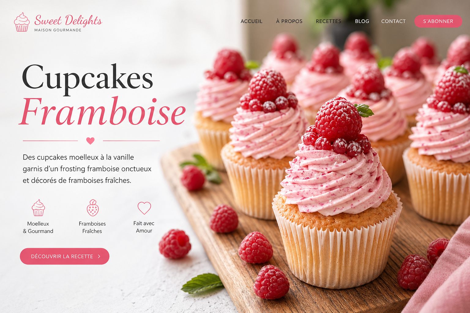 Fluffy vanilla cupcakes topped with pink raspberry buttercream frosting and fresh raspberries on a wooden board