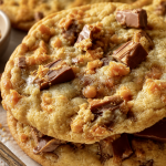 Close-up of soft Butterfinger caramel crunch cookies topped with chocolate chunks and crunchy toffee pieces on a rustic wooden surface.