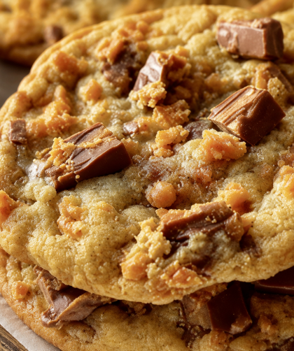 Close-up of soft Butterfinger caramel crunch cookies topped with chocolate chunks and crunchy toffee pieces on a rustic wooden surface.