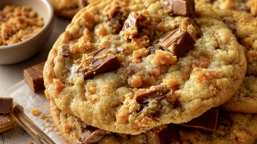 Close-up of soft Butterfinger caramel crunch cookies topped with chocolate chunks and crunchy toffee pieces on a rustic wooden surface.