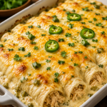 Creamy cheesy chicken enchiladas baked in white sauce with melted cheese on top