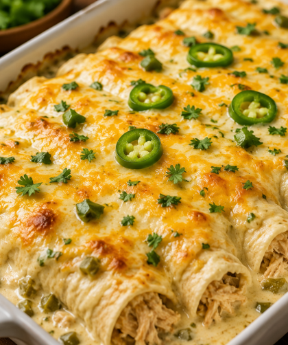 Creamy cheesy chicken enchiladas baked in white sauce with melted cheese on top