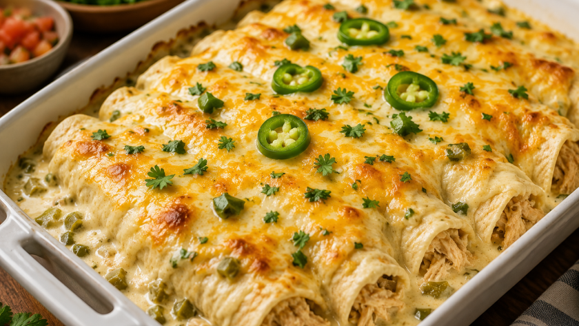 Creamy cheesy chicken enchiladas baked in white sauce with melted cheese on top