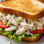 Close-up of a chicken salad sandwich with lettuce, tomato, celery, and red onion on toasted bread, served on a plate with chips.