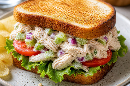 Close-up of a chicken salad sandwich with lettuce, tomato, celery, and red onion on toasted bread, served on a plate with chips.