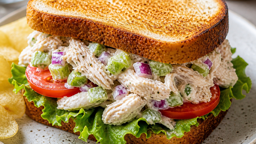 Close-up of a chicken salad sandwich with lettuce, tomato, celery, and red onion on toasted bread, served on a plate with chips.