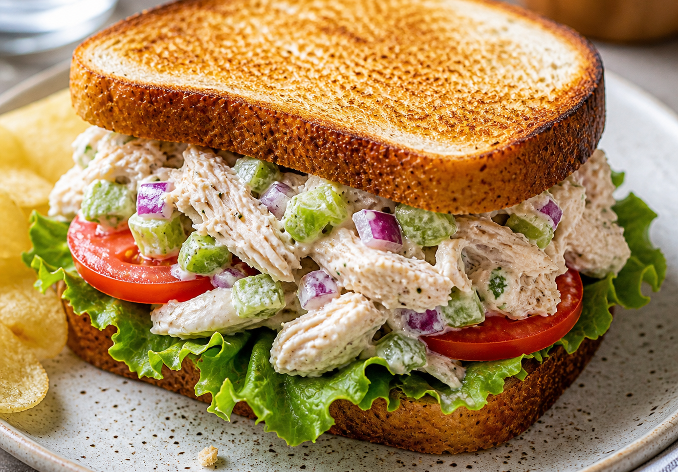 Close-up of a chicken salad sandwich with lettuce, tomato, celery, and red onion on toasted bread, served on a plate with chips.