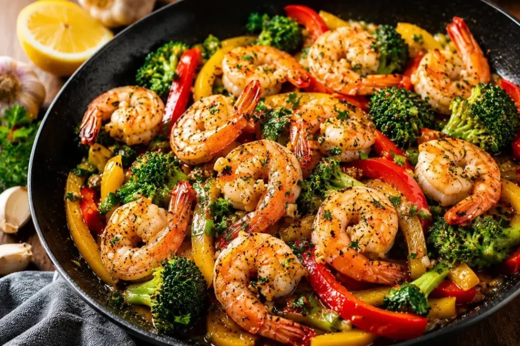 Close-up of garlic butter shrimp stir-fry with broccoli and colorful bell peppers cooked in a skillet.