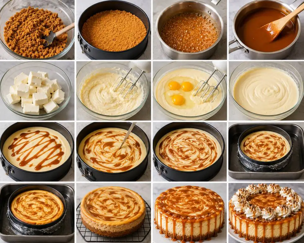 Step-by-step collage of a decadent caramel swirl cheesecake recipe showing the process from preparing the graham cracker crust and homemade caramel sauce to mixing the creamy cheesecake filling, creating caramel swirls, baking in a water bath, chilling, and decorating the finished cheesecake with caramel drizzle and whipped cream.